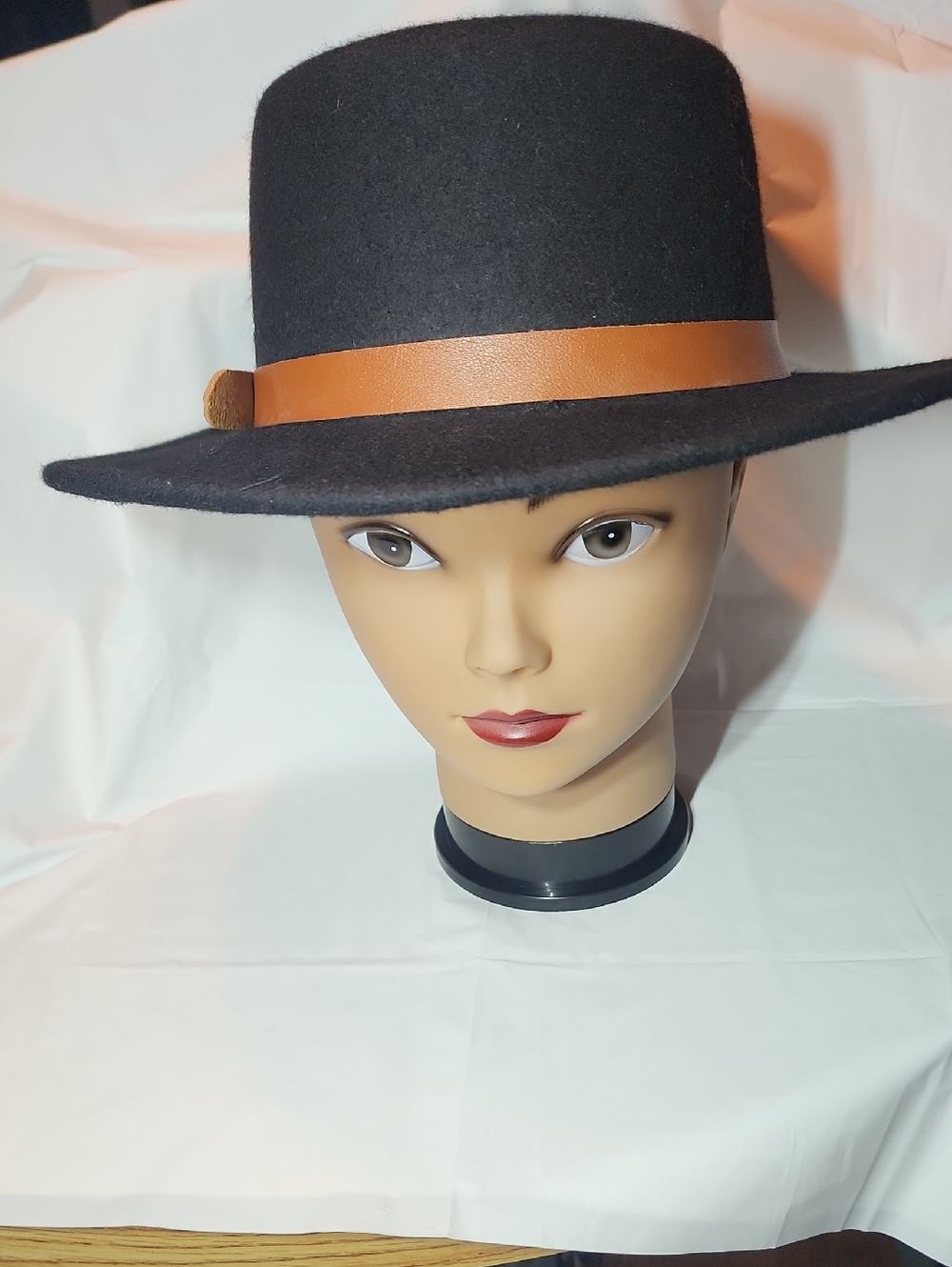Black Wide-Brim Felt Hat with Tan Leather Band